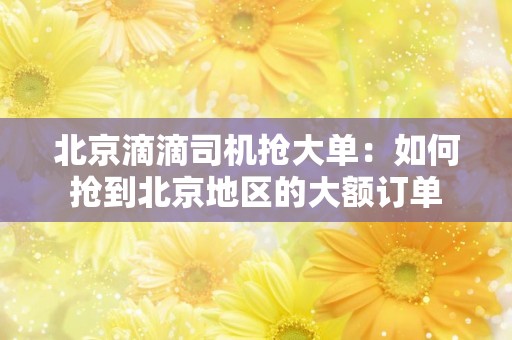 北京滴滴司机抢大单：如何抢到北京地区的大额订单