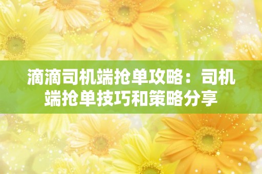 滴滴司机端抢单攻略：司机端抢单技巧和策略分享