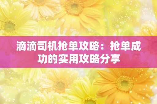 滴滴司机抢单攻略：抢单成功的实用攻略分享